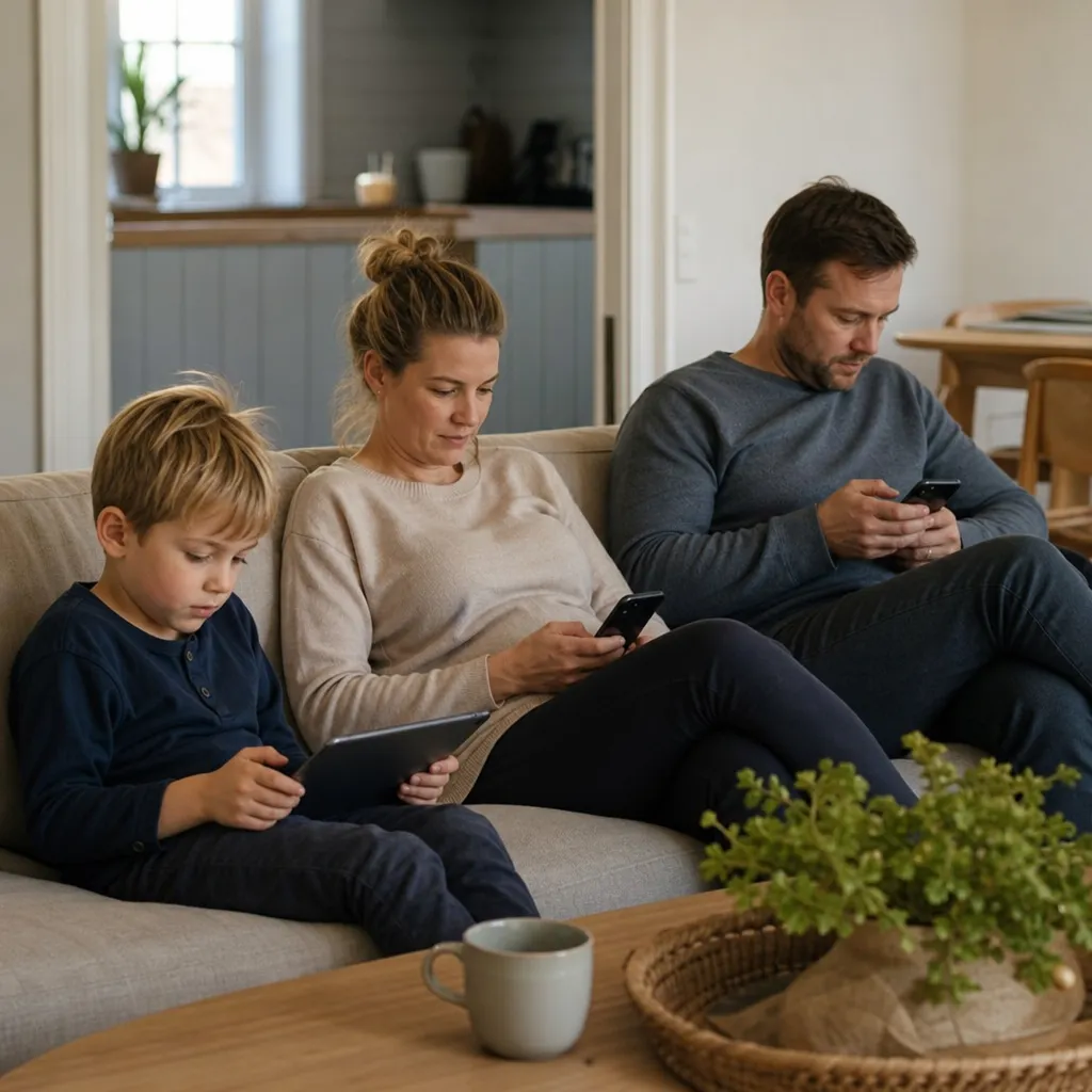 Familj samlad i vardagsrum, barn med surfplatta och vuxna med mobiler