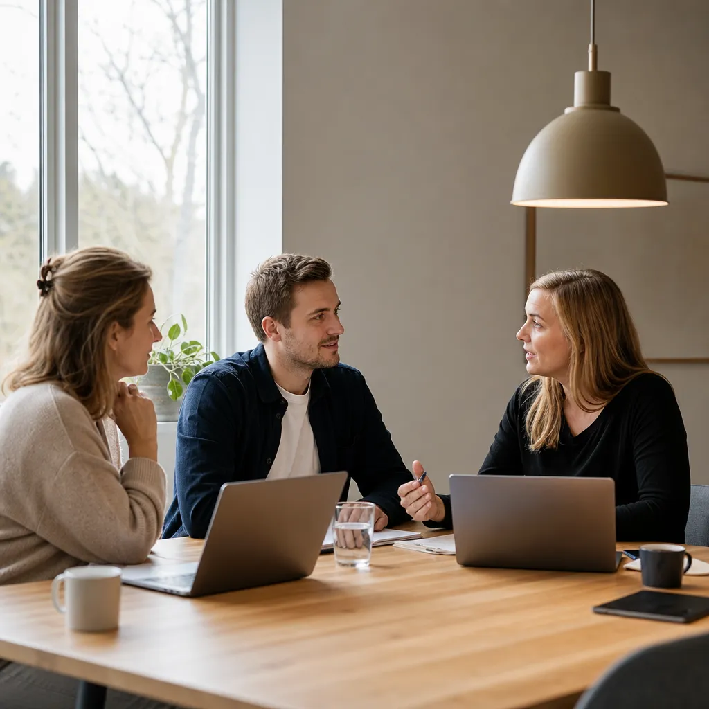 Litet svensk kontor med 2-3 personer vid bord och laptops, lugn diskussion
