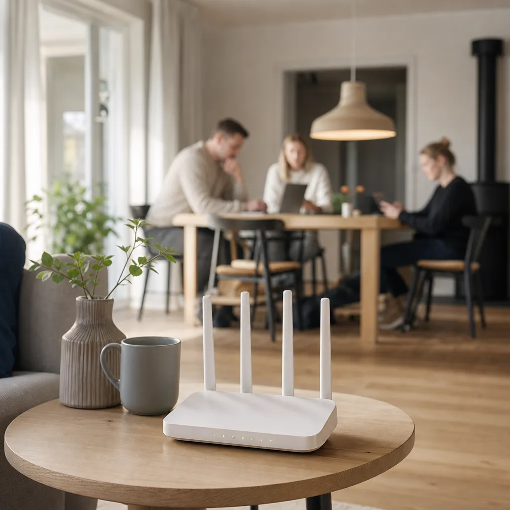 Router på centralt bord i ljus hall, många enheter i bakgrunden