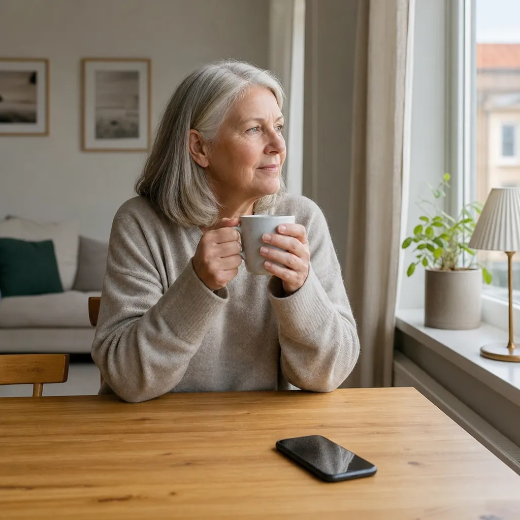 Äldre vuxen i ljus skandinavisk lägenhet med kaffekopp och mobil på bordet