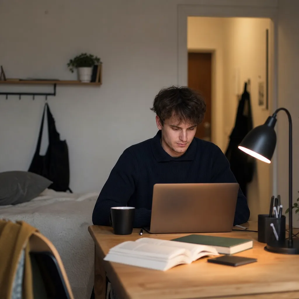 Student vid skrivbord med laptop, varmt skrivbordsljus