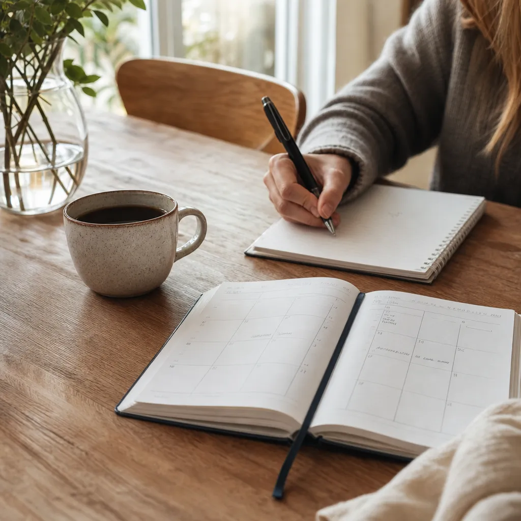 Kalender uppslagen på bord med kaffekopp och anteckningar