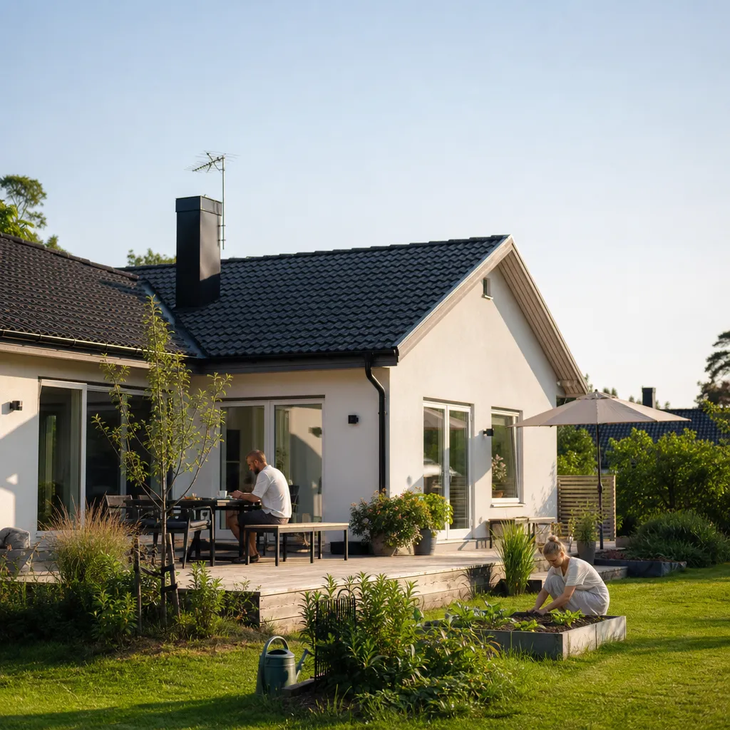 Modern svensk villa i sommarljus, takantenn skymtar på taknocken