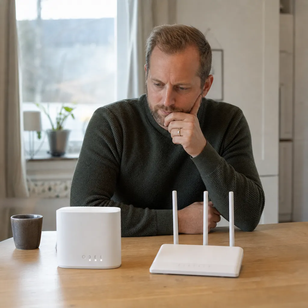 Person tittar på två 5G-routrar på ett bord