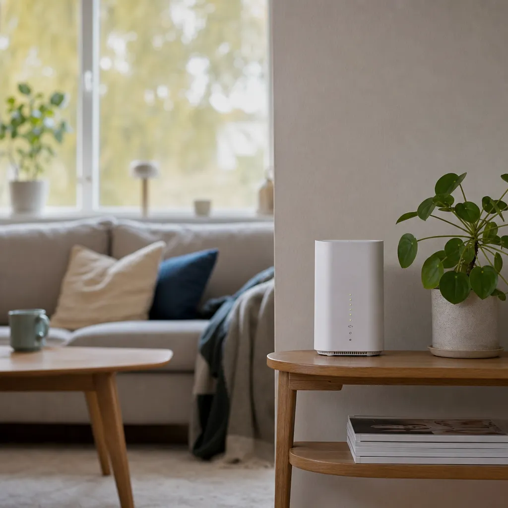 Lugn vardagsrumsmiljö med 5G-router på sidobord och växt