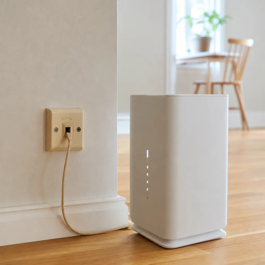 Gammal telejack och modern 5G-router bredvid