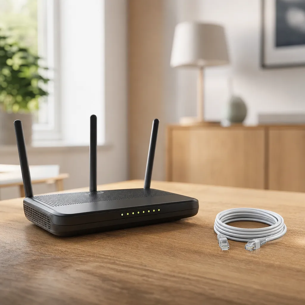 Router och nätverkskabel sida vid sida