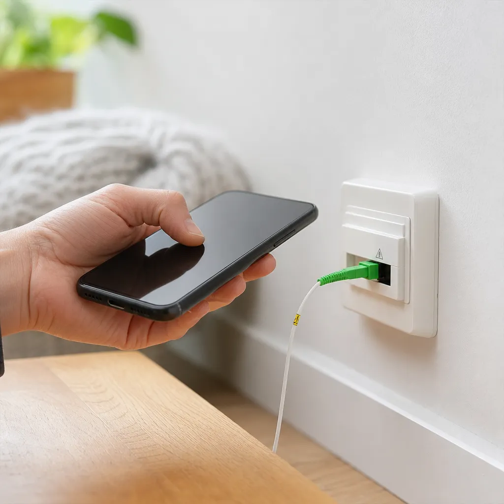 Hand som håller en mobil mot en fiberkontakt