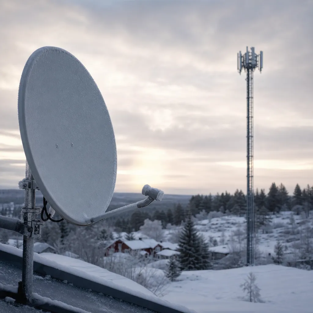 Parabolisk antenn på snöig terräng med 5G-mast i fjärran