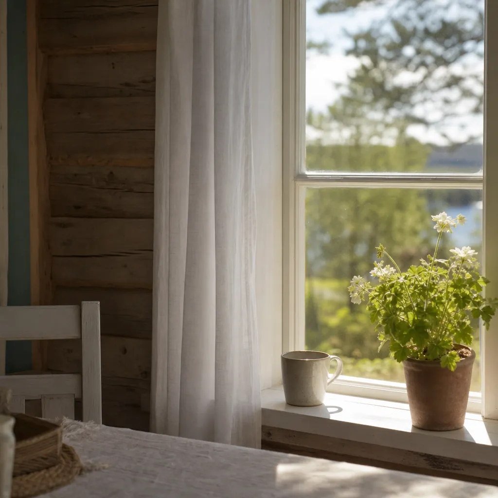 Interiör i svensk sommarstuga med kaffekopp vid fönsterbänk och morgonljus