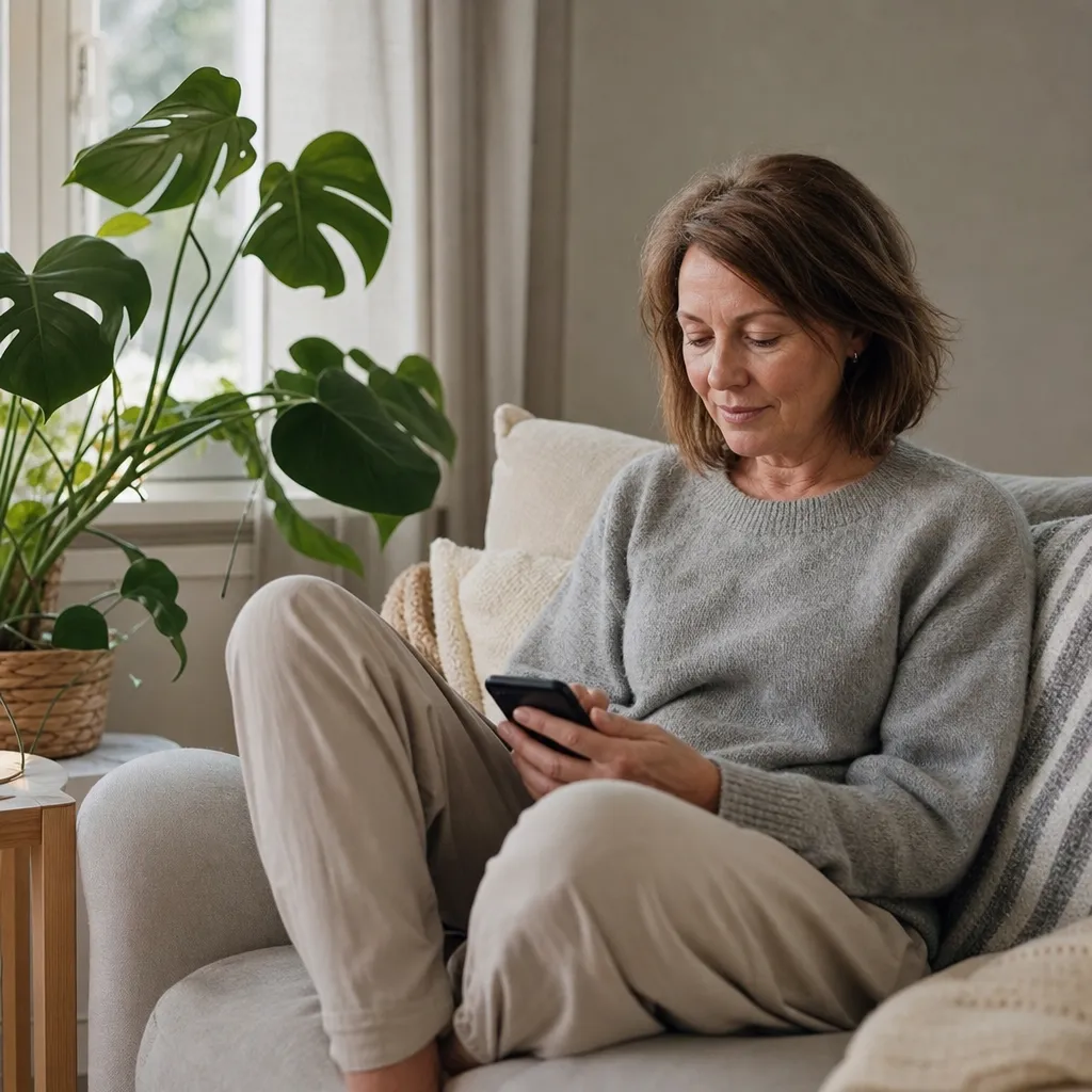 Vuxen person sitter i vardagsrum med en stor grön växt vid fönstret