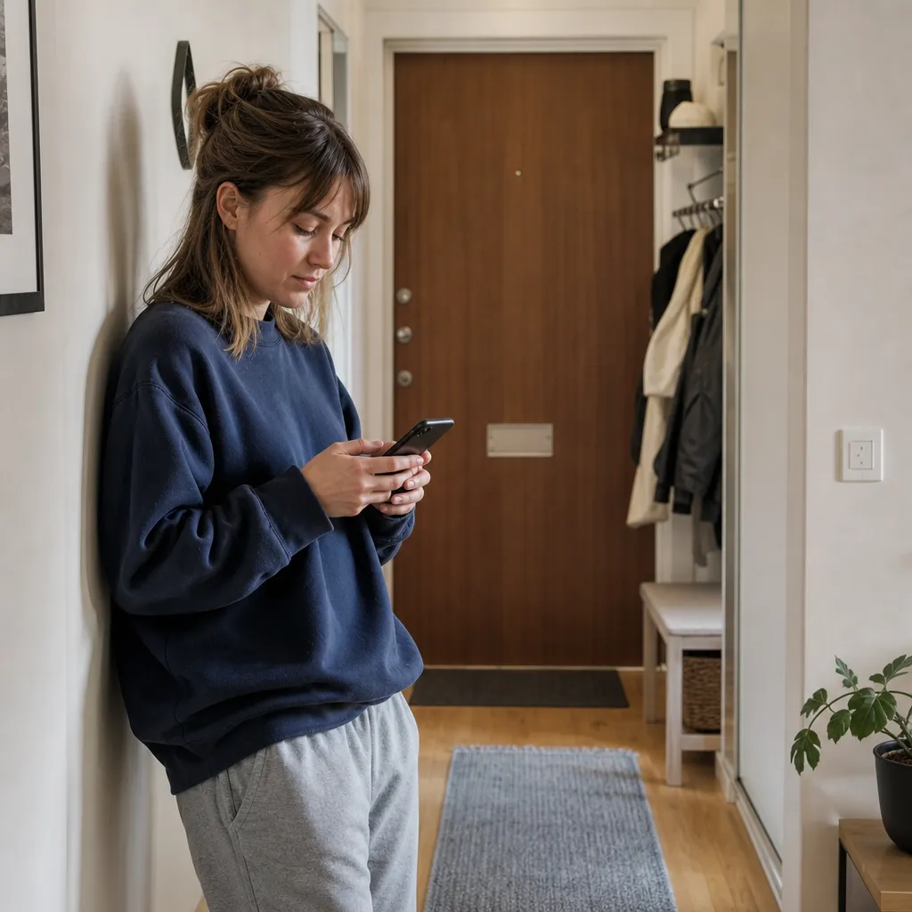 Ung person i en hyreslägenhetskorridor med mobiltelefon i handen