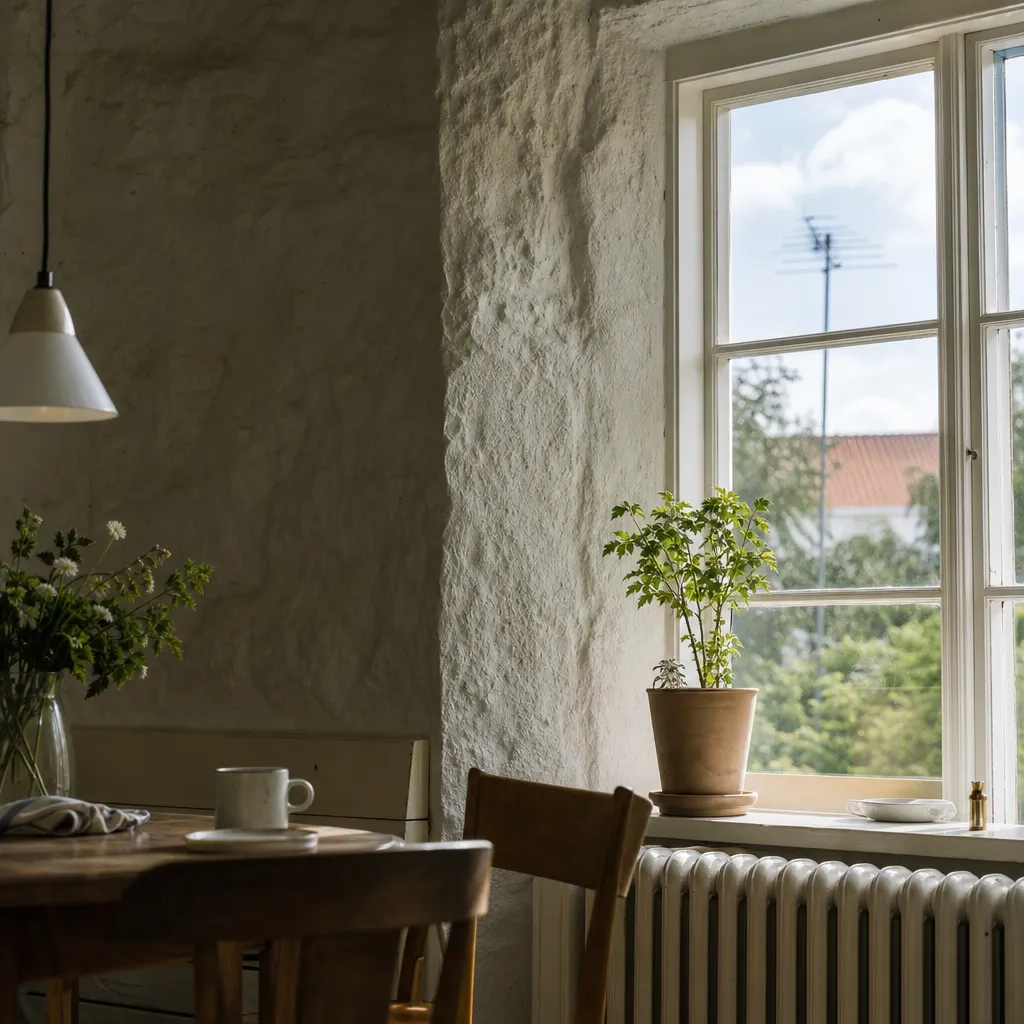 Stenvilla med tjocka väggar i morgonljus, kaffekopp på matvrå-bordet