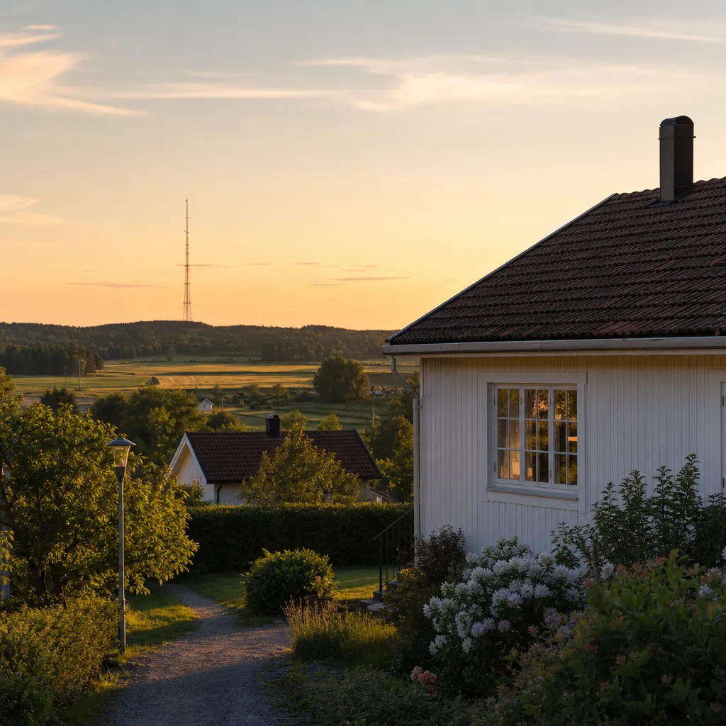 Svensk villa i kvällsljus med radiomast i fjärran över ängarna