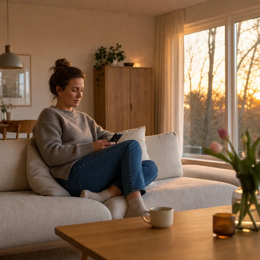 Modernt svenskt vardagsrum i kvällsljus, person läser mobilen i soffan