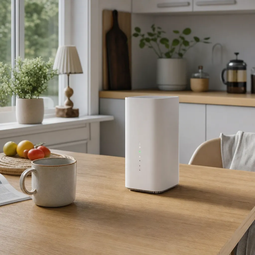 Vit 5G-router på köksbord i ett enkelt svenskt hem, kaffekopp bredvid