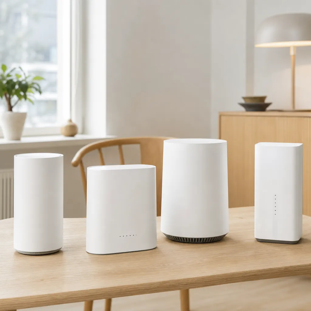 Vita 5G-routrar uppställda på ett ljust bord i en showroom-känsla
