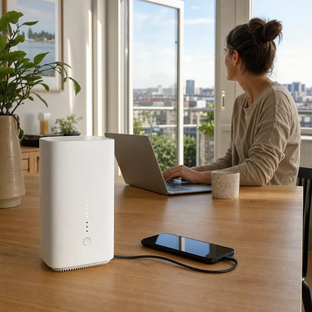 Vit stationär 5G-router på köksbord i svensk lägenhet, mobil som laddas bredvid