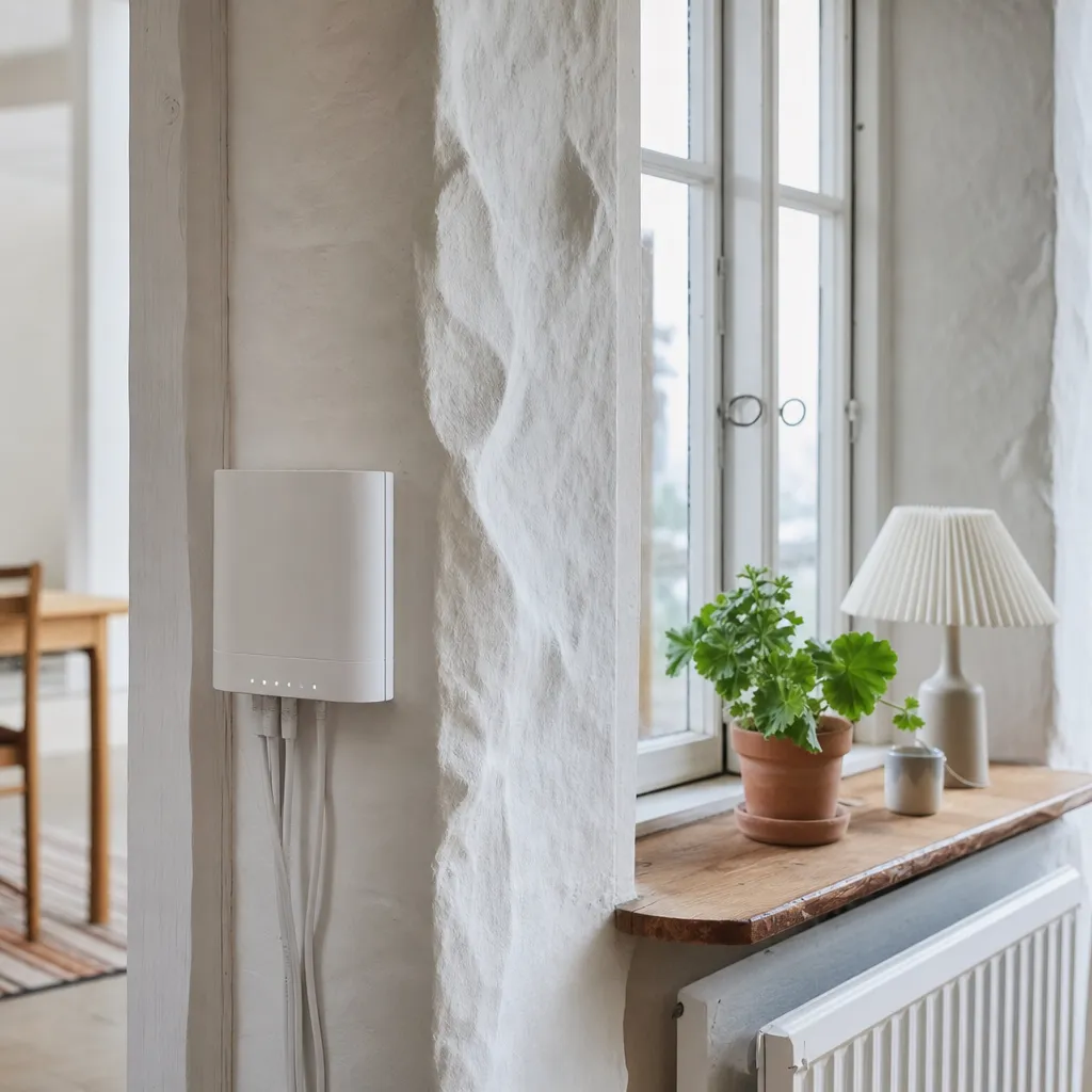 Vit 5G-router monterad nära fönster i ett hus med tjocka stenväggar