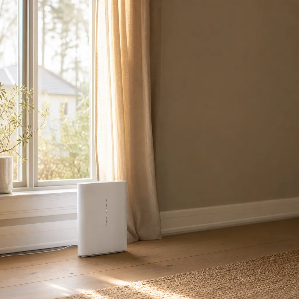 Vit stationär 5G-router på trägolv i en svensk villa, varmt eftermiddagsljus genom fönstret