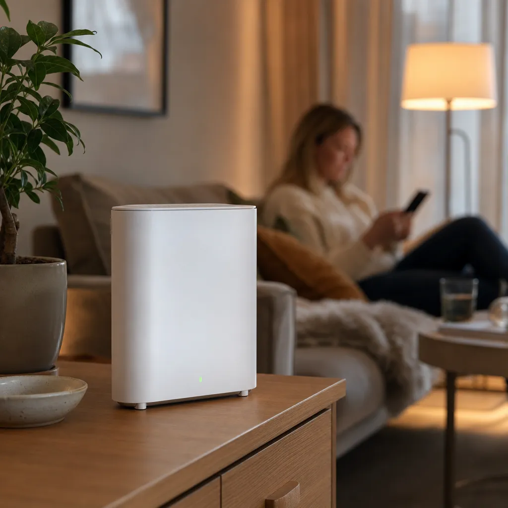 Vit 5G-router centralt placerad i ett vardagsrum med modern svensk inredning, kvällsljus