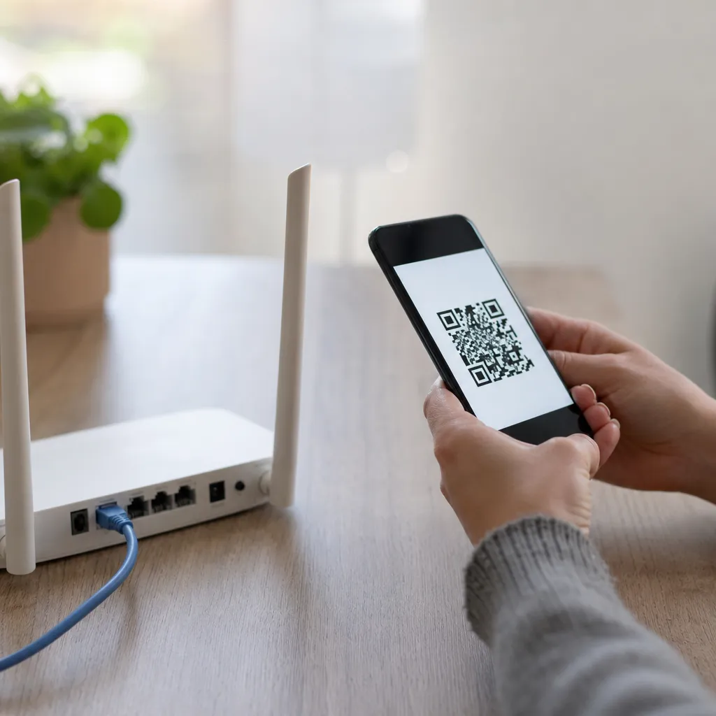 Router och mobiltelefon visande digital QR-kod-symbol på neutralt skrivbord i mjukt ljus