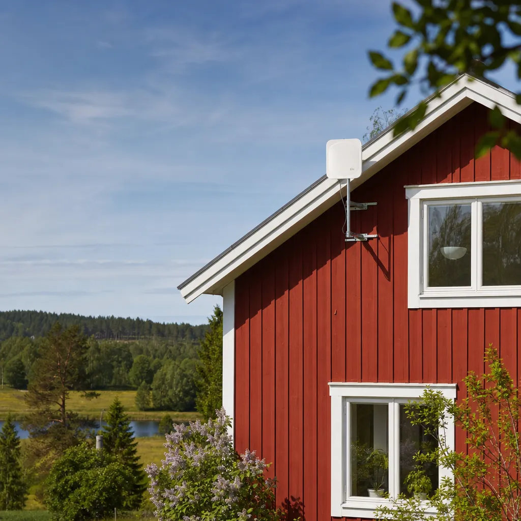 Rött svenskt trähus med vit antenn monterad högt på fasaden i sommarljus