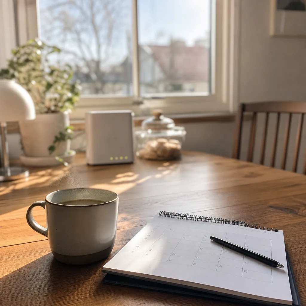 Kalender på köksbord med kaffekopp och router i bakgrunden, varmt morgonljus