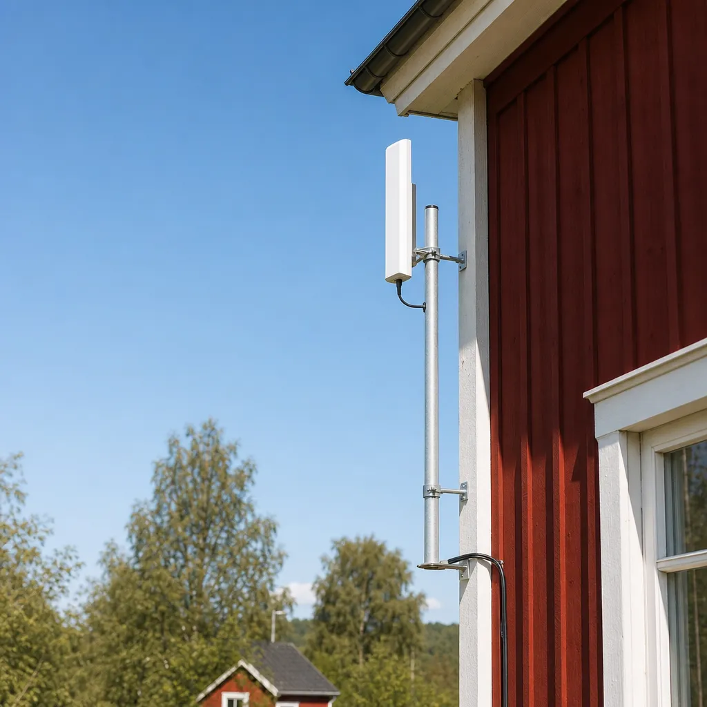 Vit IP-klassad antenn-enhet monterad på stolpe utanför svenskt rött trähus i sommarljus