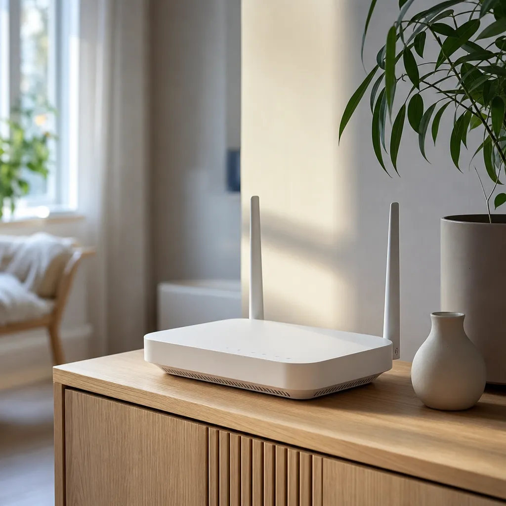 Vit minimalistisk 5G-router på trä-skrivbord i ljus skandinavisk inredning