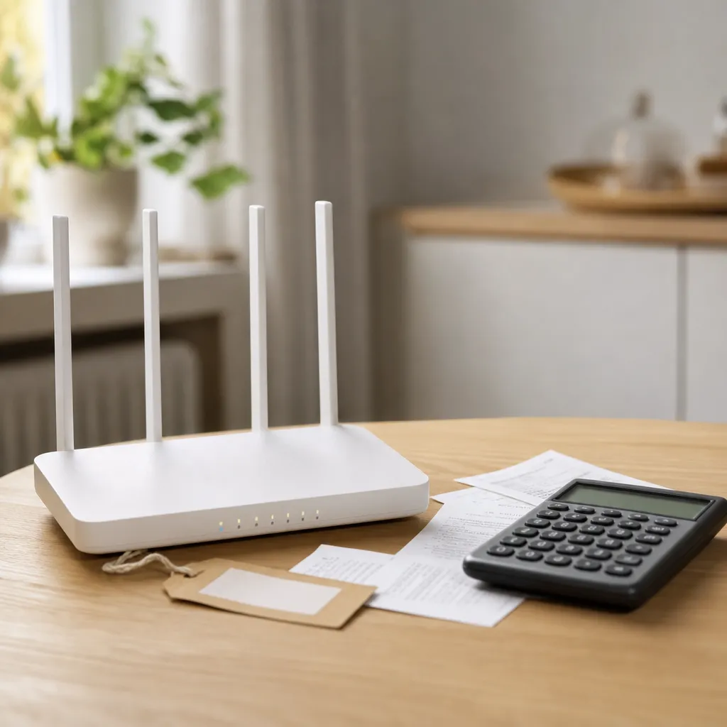 Närbild på generisk vit router med papper och kalkylator bredvid på trä-bord