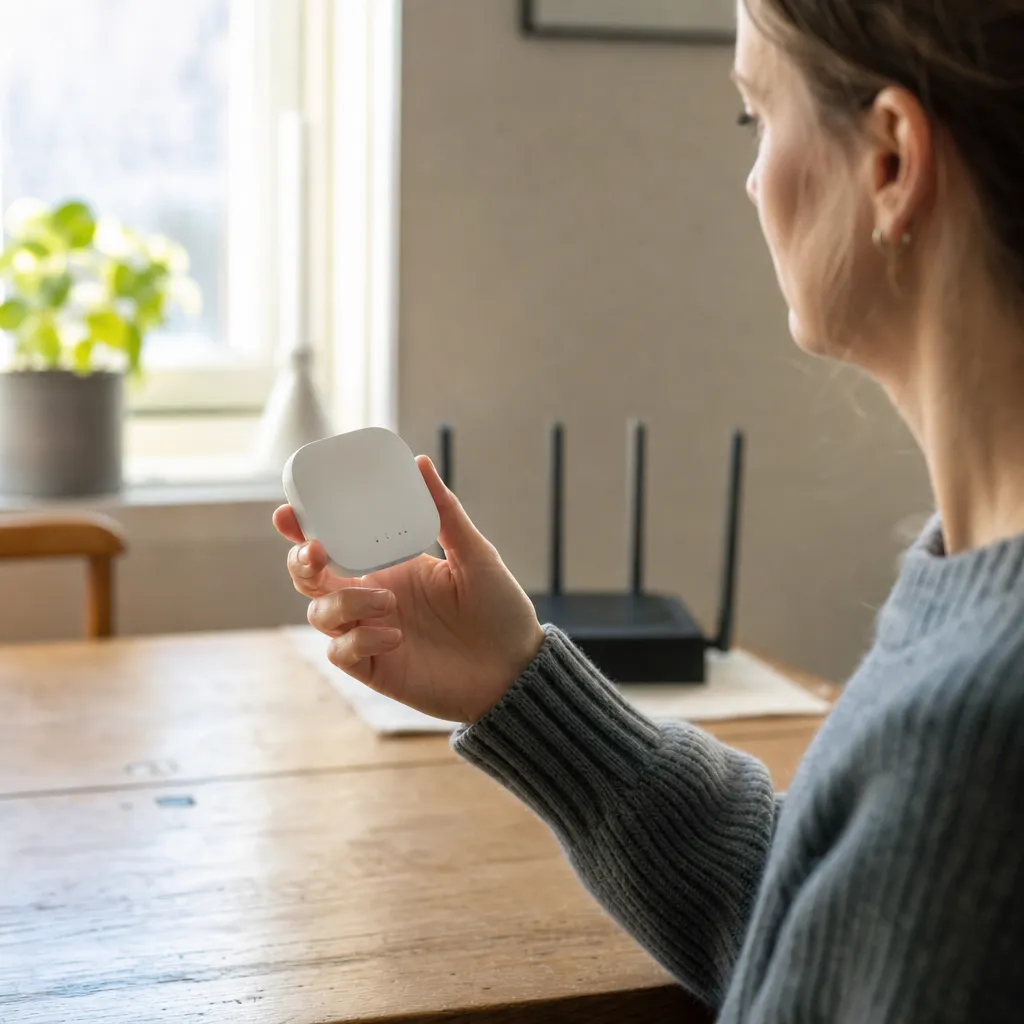 Person håller en mobil Mi-Fi-puck i handen med större router skymtande i bakgrunden