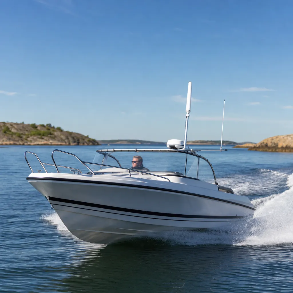 Motorbåt i svensk skärgård med antenn på mast