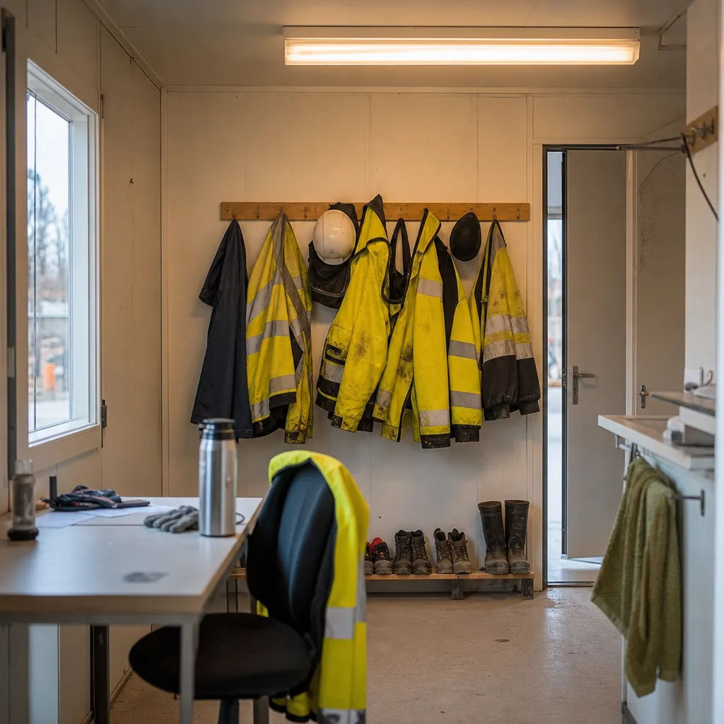 Arbetsbod på byggarbetsplats med varselkläder