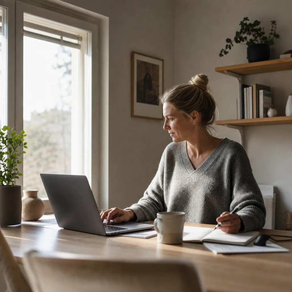 Skandinaviskt hemmakontor med laptop vid fönster