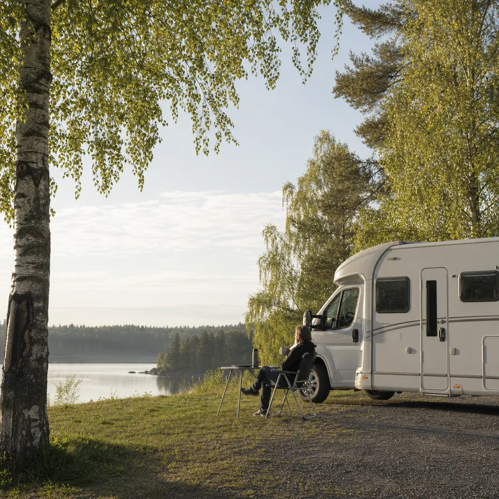 Husbil på rastplats i svensk lövskog