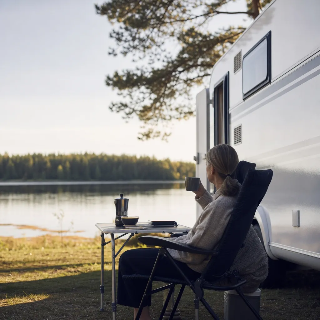 Husvagn på camping vid sjö med utomhusbord