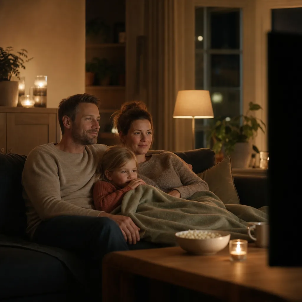 Familj framför stor TV i mörkt vardagsrum