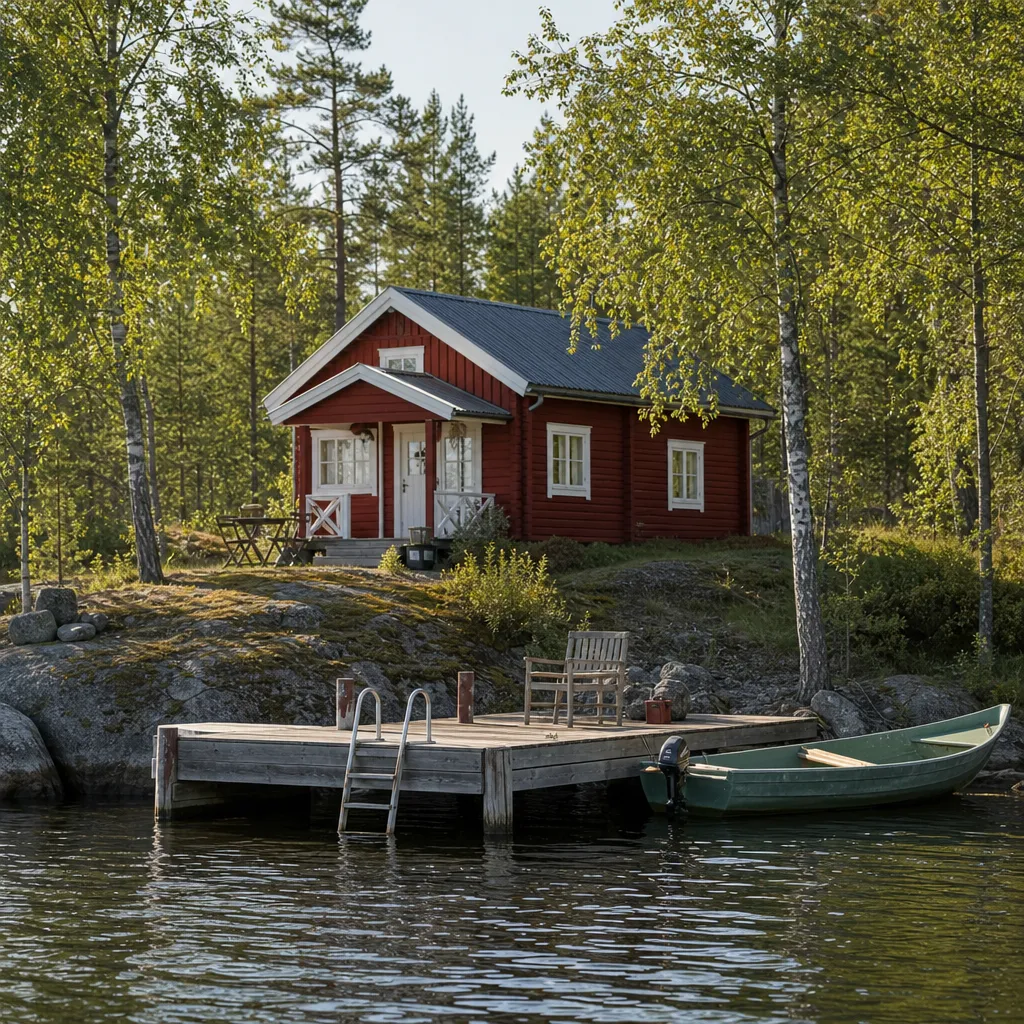 Sommarstuga i svensk skog vid sjö