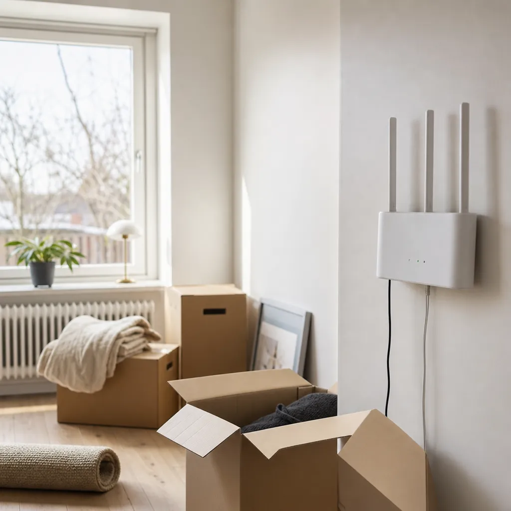 Flyttkartonger i tomt rum med uppsatt router