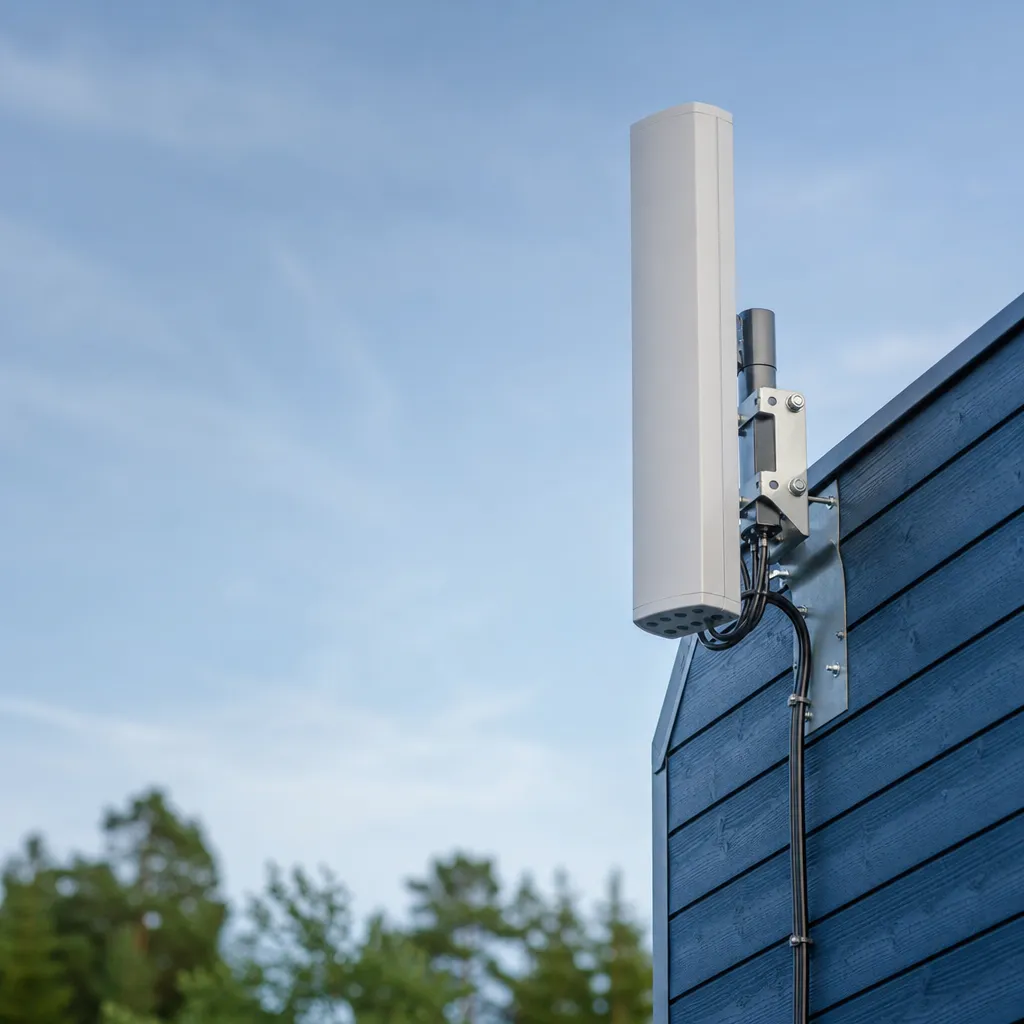 Närbild på en generisk telekomantenn-fasad mot en ljus blå himmel