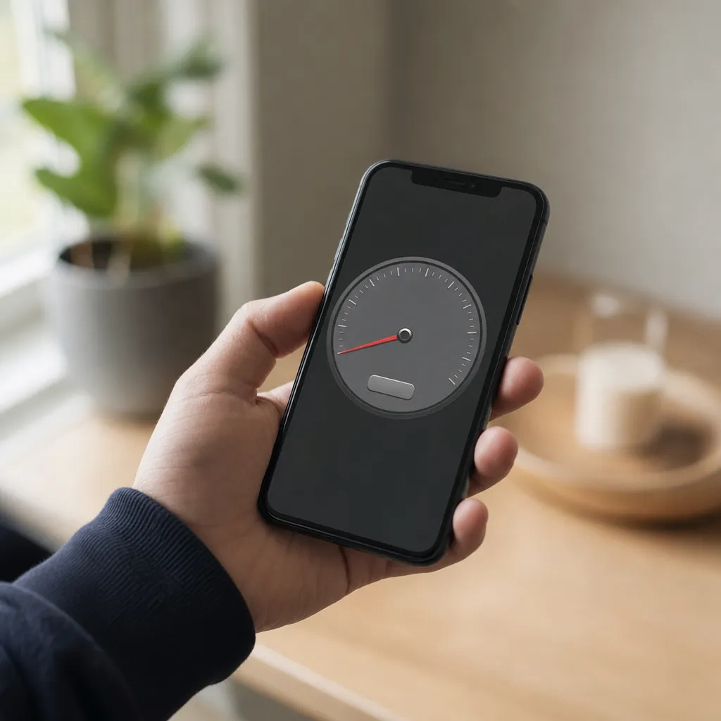Närbild på en mobiltelefon i en hand med ett generiskt hastighetstest öppet på skärmen
