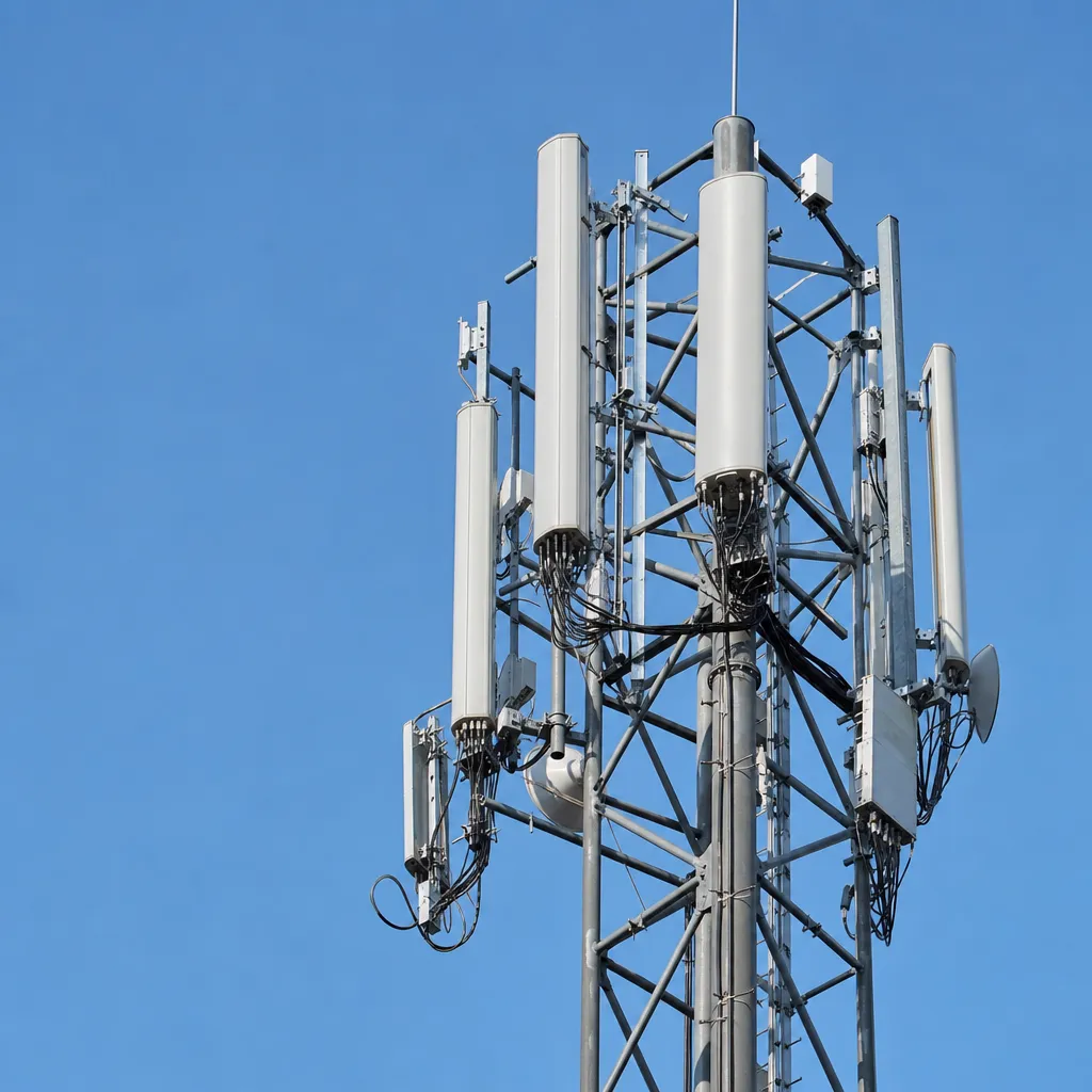 Närbild på mobiltorn med flera sektorantenner mot blå himmel
