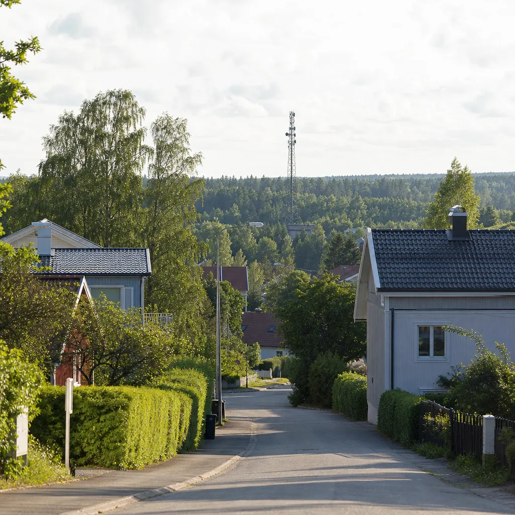 Lugn svensk villamiljö där en mobilmast skymtar i bakgrunden mot sommarhimmel
