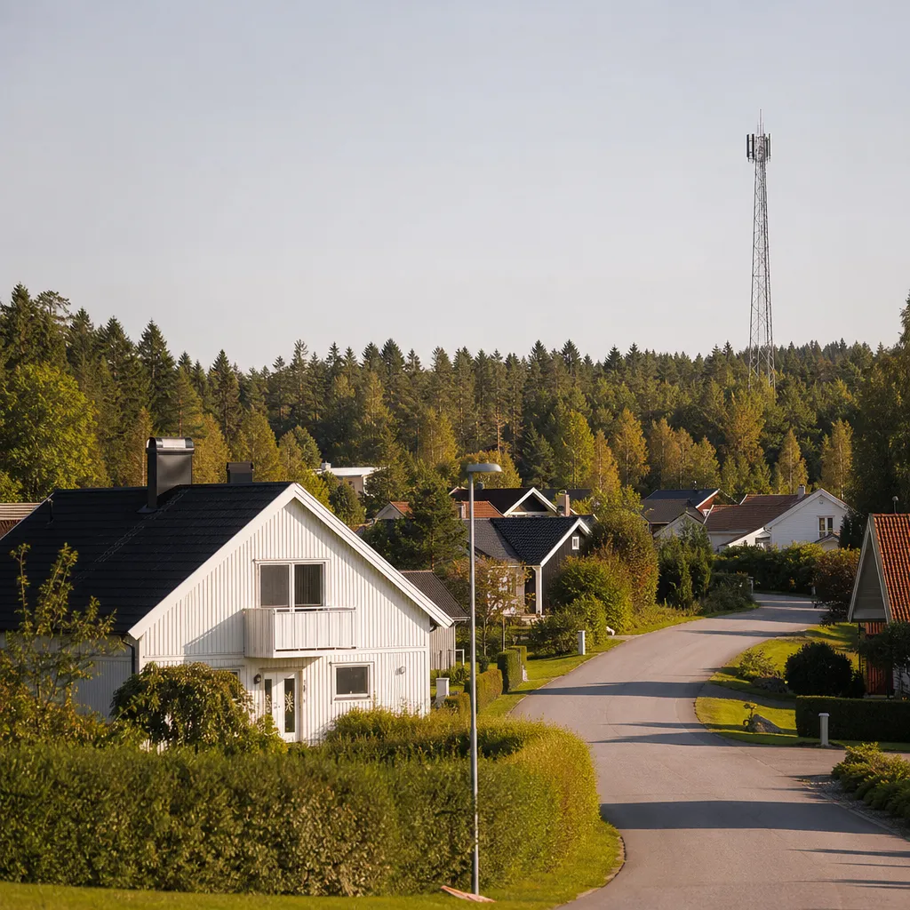 Förort med villaområde och en avlägsen mobilmast
