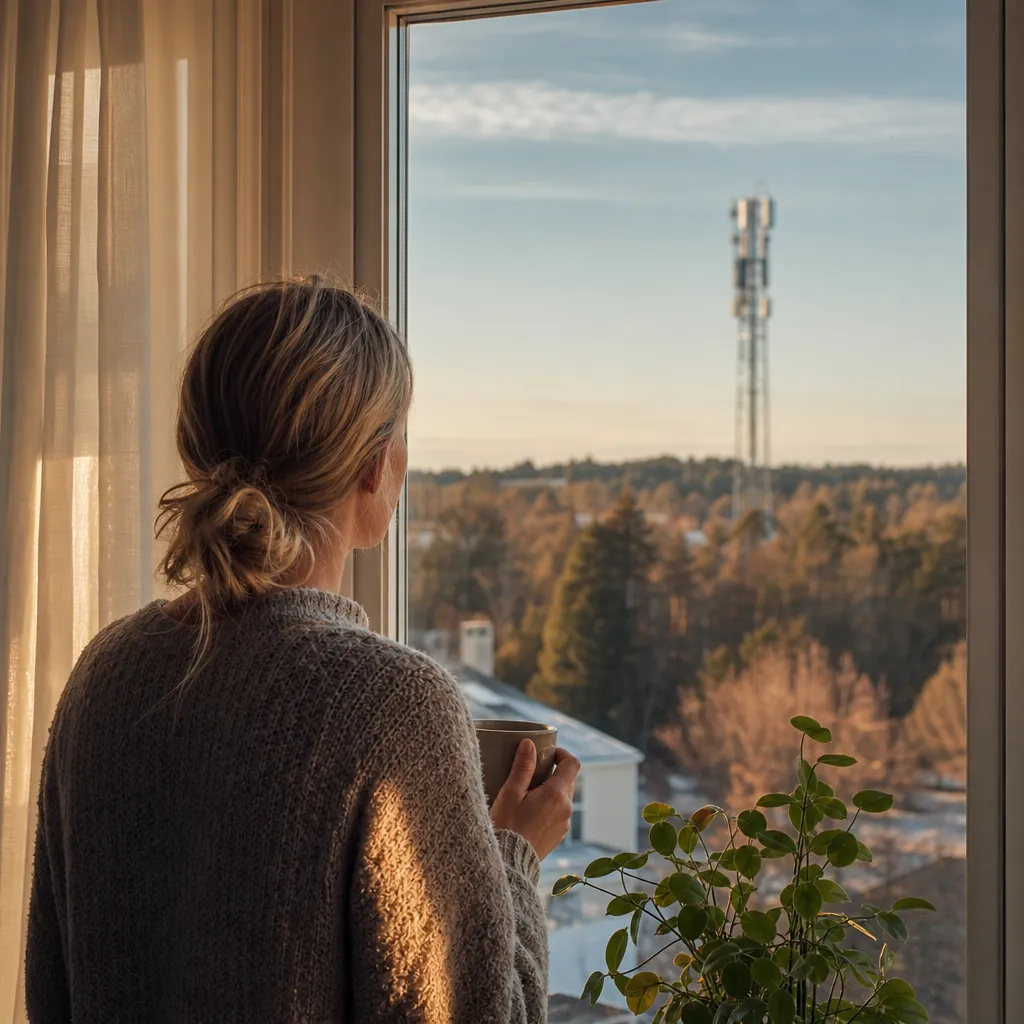 Person i ett hem tittar mot en mobilmast i fjärran genom fönstret