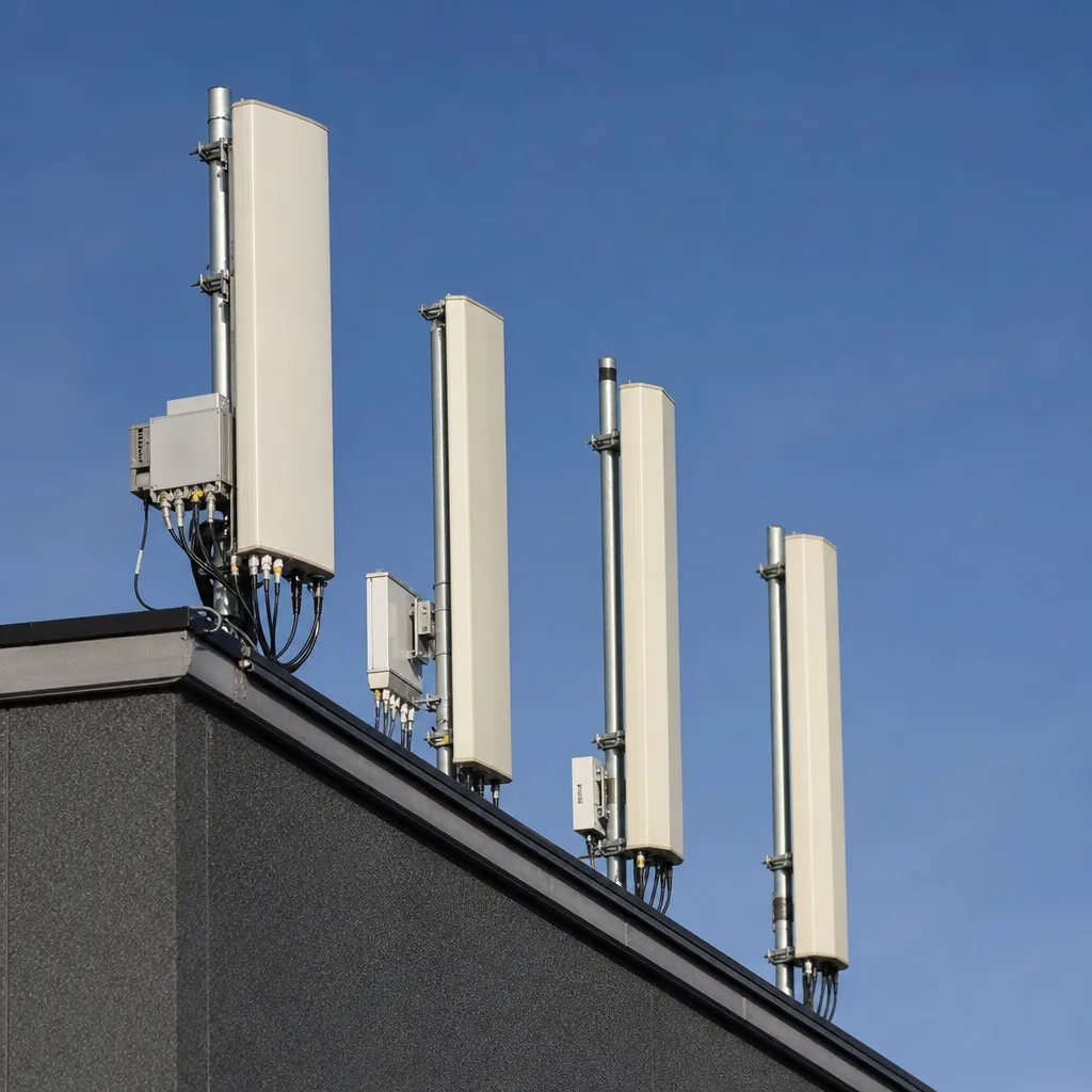 Närbild på generisk antennpanel med rader av antennelement på taket av en svensk byggnad