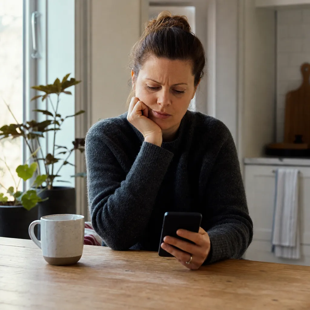 Person med mobiltelefon i handen i ett svenskt kök med en tveksam fundersam blick