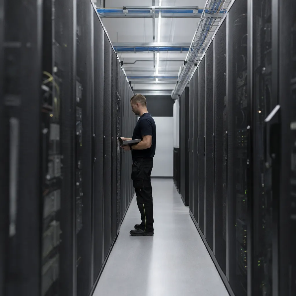 Generiskt datacenter-rum med rack i raka rader och neutralt kallt ljus