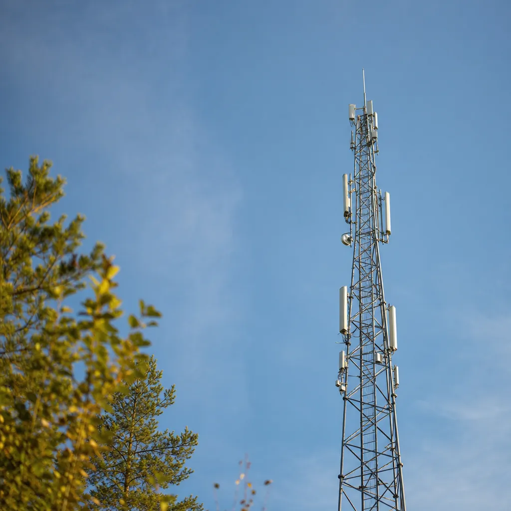 Låg vinkel mot ett generiskt mobiltorn med flera antennsektioner mot blå himmel